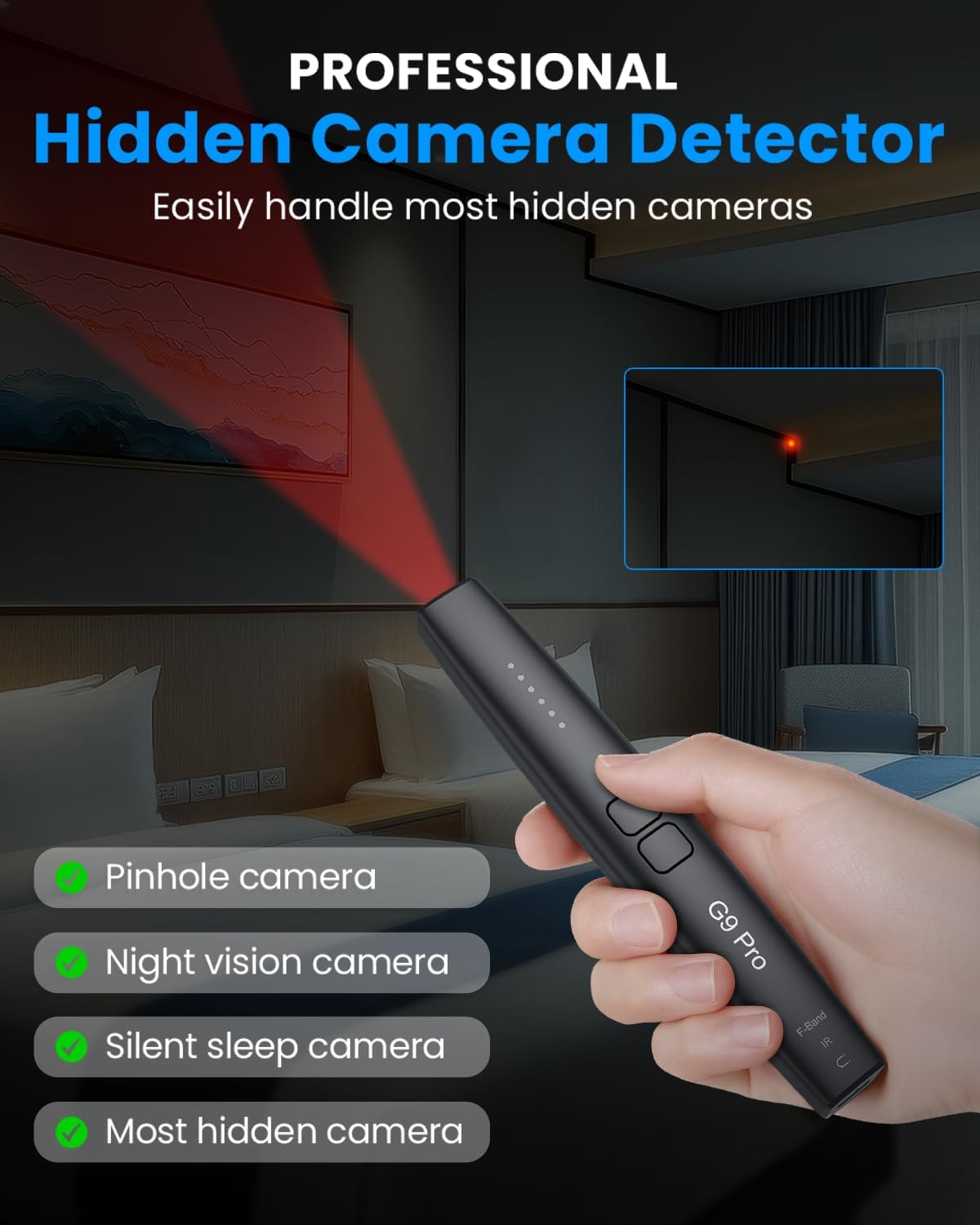 JAXTIN G9 Pro Hidden Camera Detector - 2025 Anti-Spy Cameras Finder Detector, GPS Tracker & Bug Detector, Listening Device Detector for Hotel, Car, Office, 72H Working Time, 6 Sensitivity Levels image